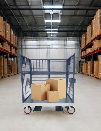 Distribution cart with boxes inside of it